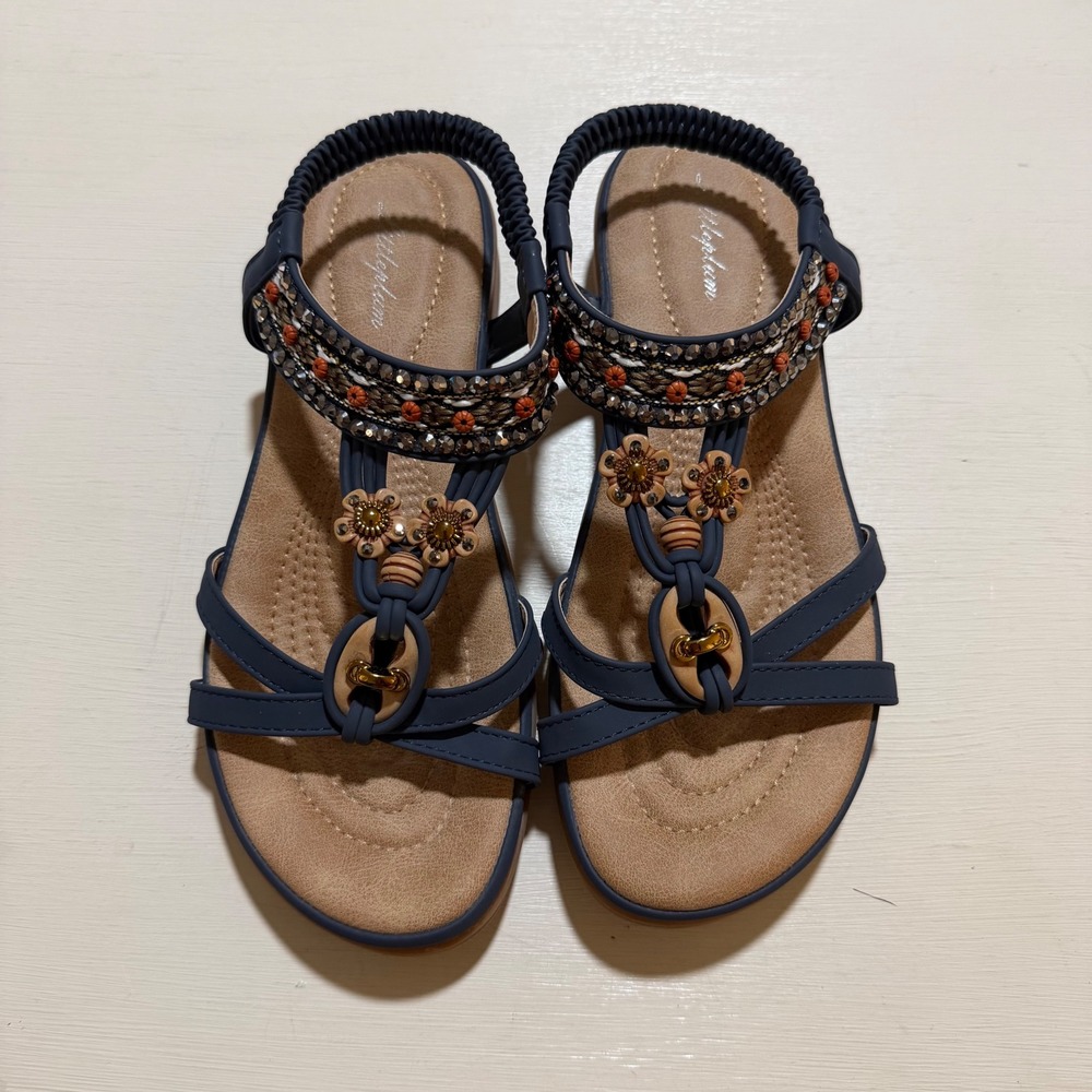 Littleplum Navy Blue Beaded Boho Slingback Flat Sandals Women 39